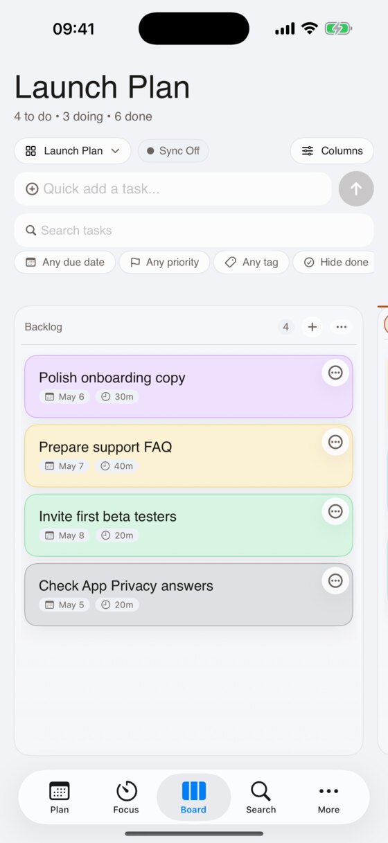 Kanban Lens Board tab with colored cards and columns