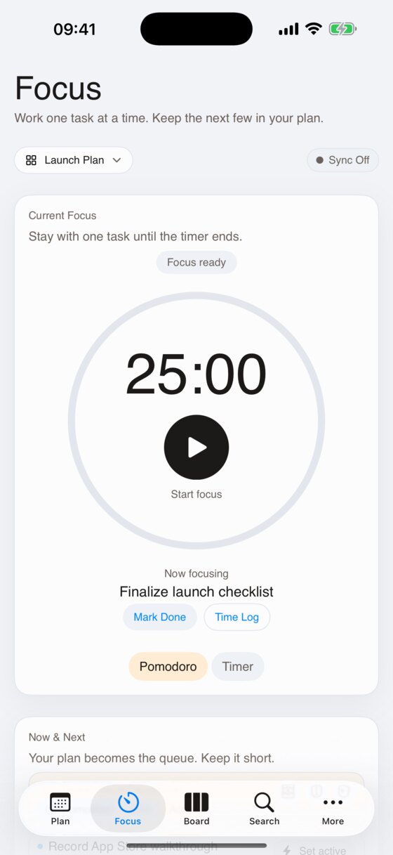 Kanban Lens Focus tab with a 25 minute Pomodoro timer