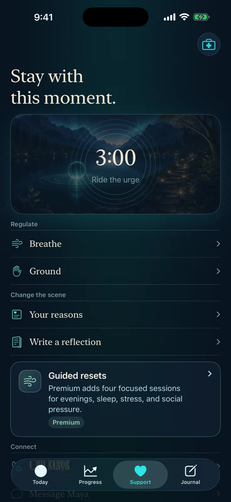 LastGlass support tools for breathing, grounding and managing an urge