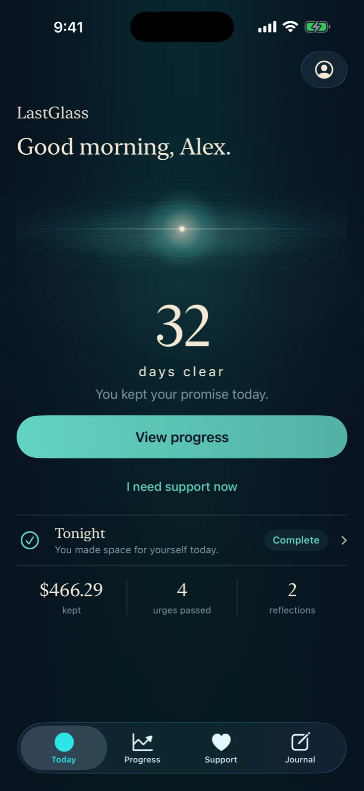 LastGlass Today screen with a daily check-in and alcohol-free progress