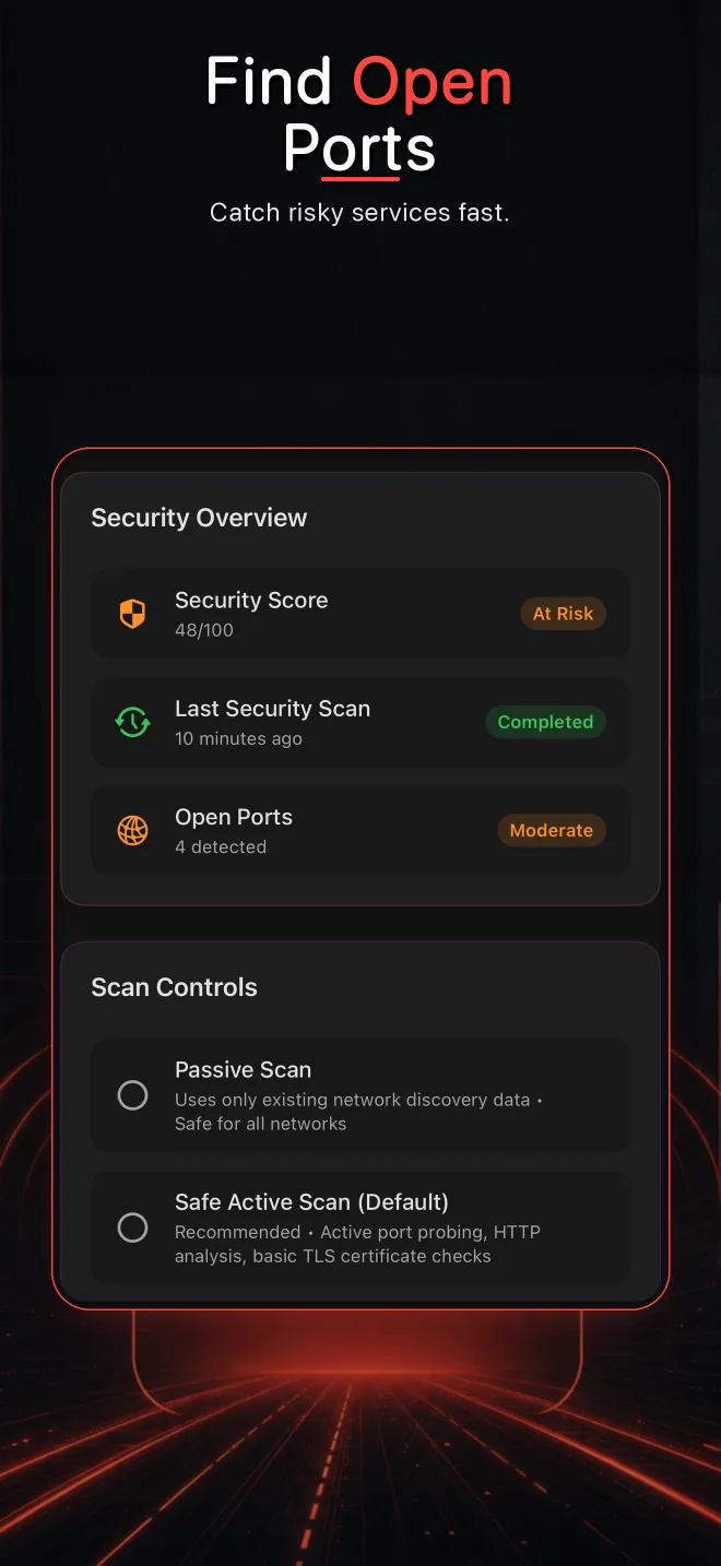 Pynqr security overview displaying open ports on an iPhone